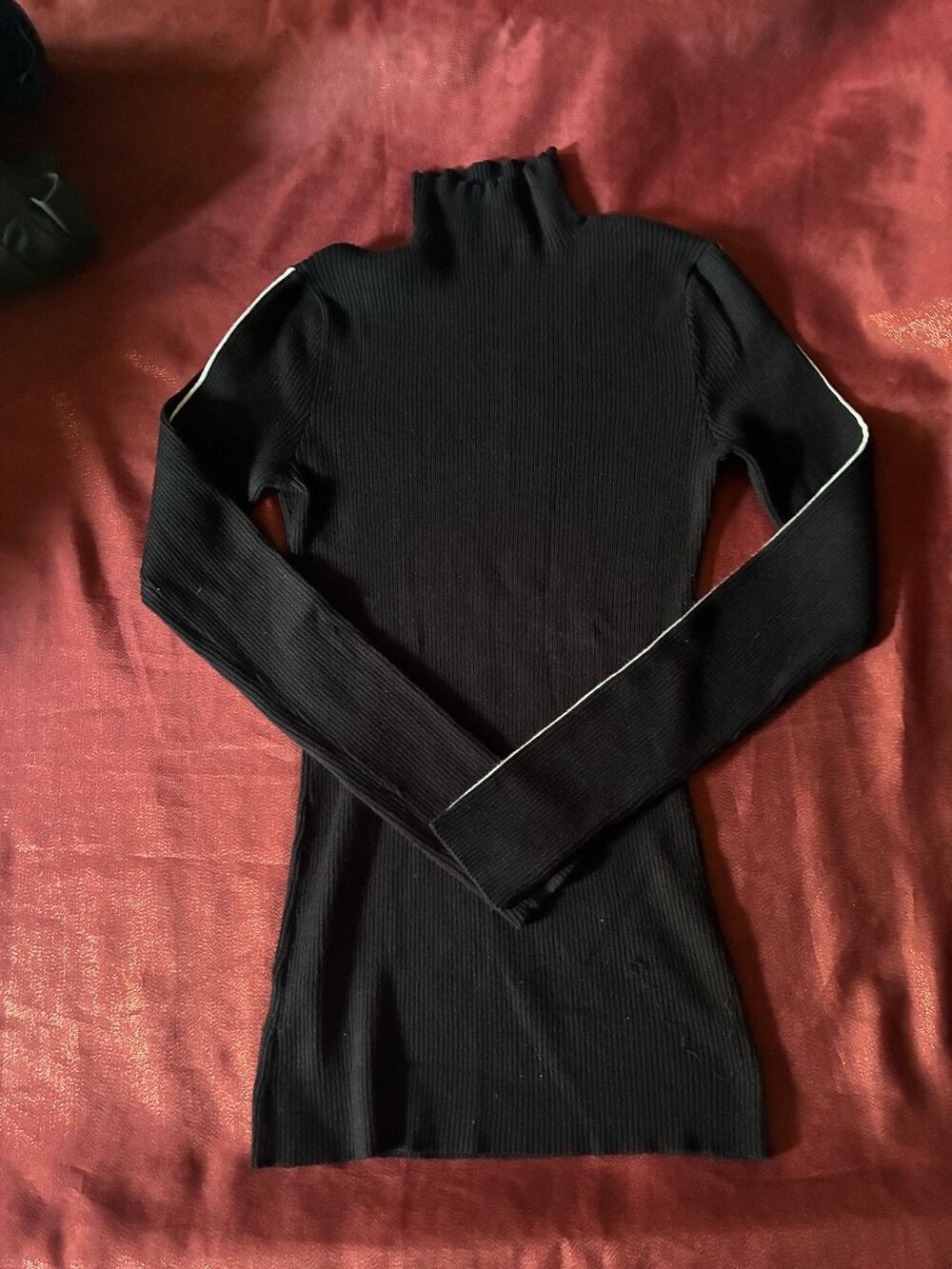 Mode Frisso Knit Turtleneck Womens M Black Ribbed Long Sleeve White Trim Slim